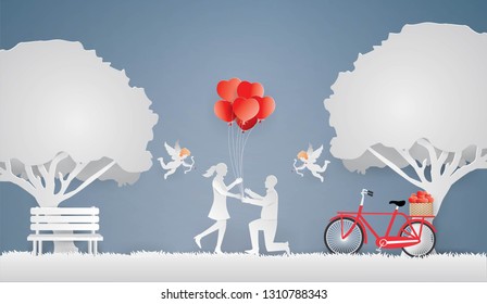 Illustration of love and Valentine day concept,Cupid flies around Lover give a gift as a heart shaped balloon in spring season, paper craft style and illustration