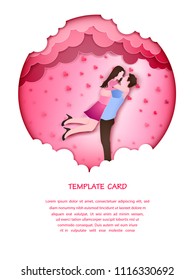 illustration love and valentine day, couple under rain heart on the sky and clound, Pink sweet tone background, Greeting Card, Poster, paper art digital style. 