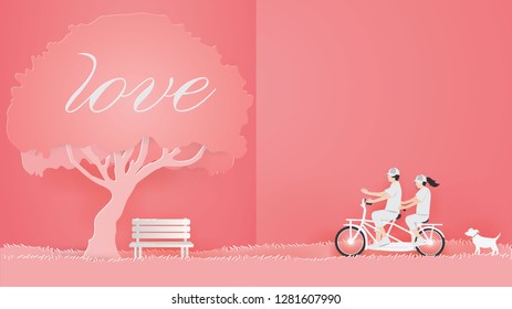 Illustration of love and Valentine Day with Couple riding a bike on the grass, paper craft and illustration style. 