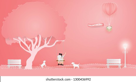 Illustration of love and Valentine Day with Couple Sit and turn your back on the swing in the red park,White flower in Pink balloon on the sky,Paper art and Illustration style.
