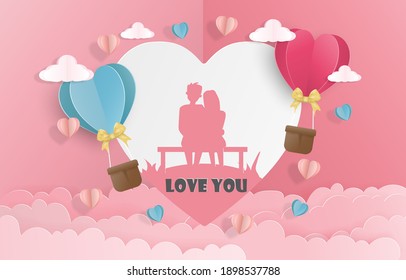 illustration of love and valentine day. couple happily hugged and surrounded by heart shaped balloons. Vector symbols of love for Happy Valentine greeting card design. Wallpaper, posters, banners.