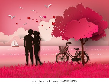 illustration of love and valentine day ,couple silhouette standing on the beach.paper art style.