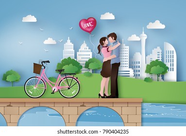 Illustration of Love and Valentine Day, couple standing hugging on the bridge in the city. Paper art and digital craft style.