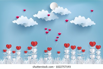illustration of love and valentine day with the design of paper art. flowers with a form of love. there is a beautiful balloon