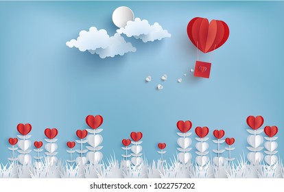 illustration of love and valentine day with the design of paper art. flowers with a form of love. there is a beautiful hot air balloon