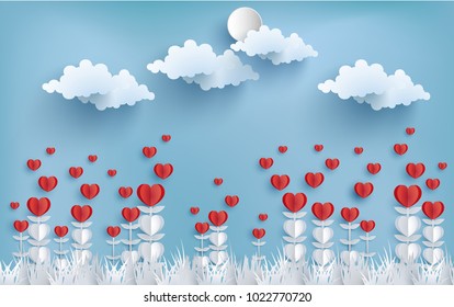 illustration of love and valentine day with the design of paper art. flowers with a form of love.