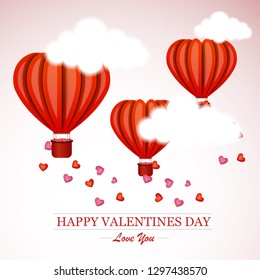 illustration of love and valentine day design with paper cut red heart shape hot air balloons heart float on the sky. Vector illustration. - Vector