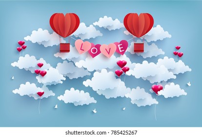 illustration of love and valentine day with the design of paper art. hot air balloons as a symbol of love. happy valentine's day