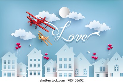 illustration of love and valentine day with the design of paper art. there are beautiful houses and airplanes above it. beautiful love writing. happy valentine day