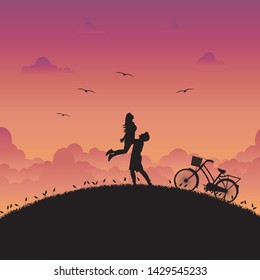 Illustration of Love and Valentine day, Happiness of couple standing in the meadows and sunset background. Silhouette vector flat style