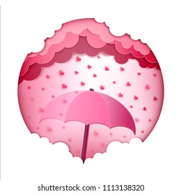 illustration love and valentine day, heart rain drops realistic poster with umbrella on cloudy sky background vector illustration, Pink sweet tone background, Greeting Card, paper art style.