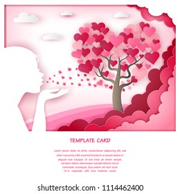 illustration love and valentine day, Heart tree with woman shape frame kiss and blow air on the sky and cloud, Pink sweet tone background, Greeting Card, Poster, paper art style.
