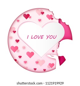 illustration love and valentine day, Heart tree with woman shape frame kiss and blow air on the heart, Pink sweet tone background, Greeting Card, Poster, paper art style.