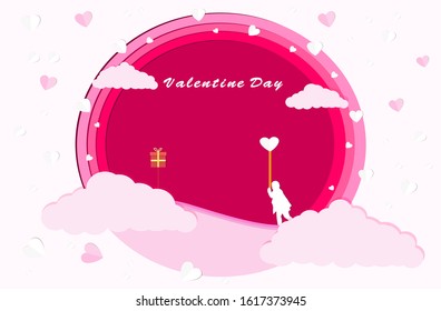 illustration of love and valentine day, heart float on the sky.paper art and digital craft style.vector