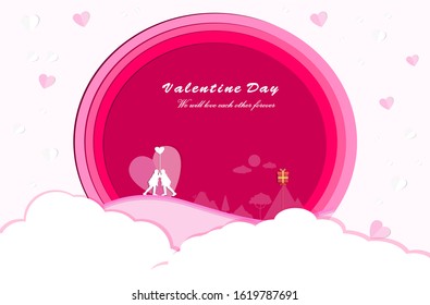 illustration of love and valentine day, heart float on the sky.paper art and digital craft style.vector