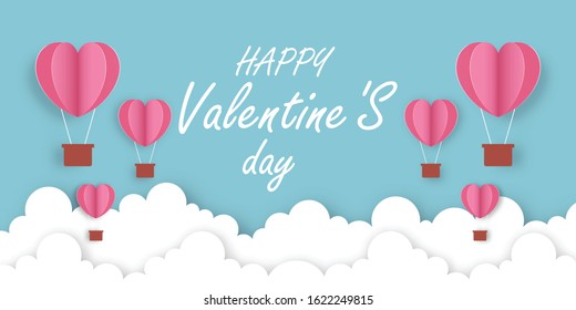 illustration of love and valentine day with heart baloon,floating in cloud Paper cut style. Vector