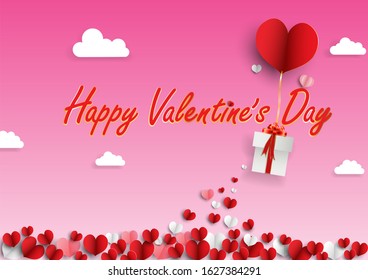 illustration of love and valentine day with heart baloon, gift and clouds. Paper cut style. Vector illustration.red romance heart. Wallpaper, flyers, invitation, posters, brochure, banners.