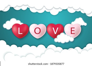 illustration love and valentine day, Heart balloon flying with woman shape frame kiss and blow air on the sky and clound, Pink sweet tone background, Greeting Card, Poster, paper art style.