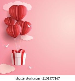 illustration of love and valentine day with heart baloon, gift and clouds. Paper cut style. Vector illustration