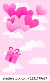 illustration of love and valentine day with heart baloon, gift and clouds. pink heart hot air flying with gift box on cloud background. 