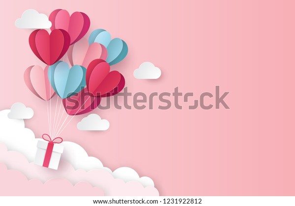 愛とバレンタインデーのイラスト ハートバロン 贈り物 雲 用紙の切り取りスタイル ベクターイラスト のベクター画像素材 ロイヤリティフリー