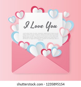 illustration of love and valentine day with letter, envelope and love shape. Paper cut style. Vector illustration