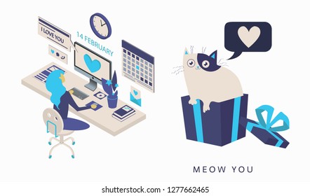 Illustration of love and valentine day. Modern flat design isometric concept of 14 february