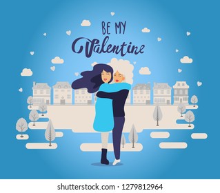 Illustration of love and valentine day. Modern flat design isometric concept of 14 february,Top view of happy young couple, cute vector drawn card, lesbian, LGBT