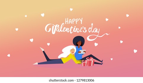 Illustration of love and valentine day. Modern flat design isometric concept of 14 february,Top view of happy young couple, cute vector drawn card, lesbian, LGBT