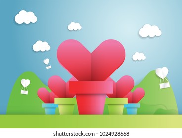 Illustration of love and valentine day, Origami made Heart shape tree with pot set in the greensward and blue sky in the background. Paper art and craft style.