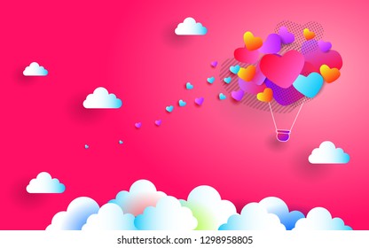 illustration of love and valentine day, Origami made hot air balloon flying on the sky with heart float on the sky.