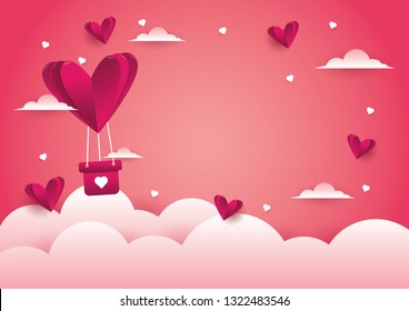 Illustration of love and valentine day, Origami made hot air balloon flying.paper art and digital craft style