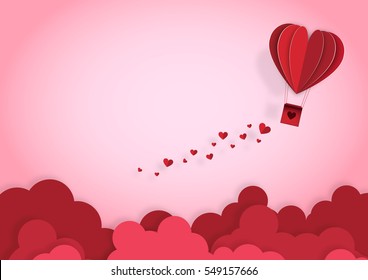 Illustration of love and valentine day, Origami made hot air balloon flying