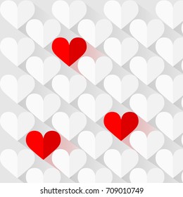 Illustration of love and valentine day. Origami made white and red hearts pattern on white background with shadow. EPS10 vector illustration for design element, card, banner, template, wallpaper, web.