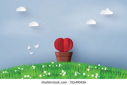 Illustration of love and valentine day, Origami made Heart shape tree with pot set in the greensward and blue sky in the background. Paper art and craft style.