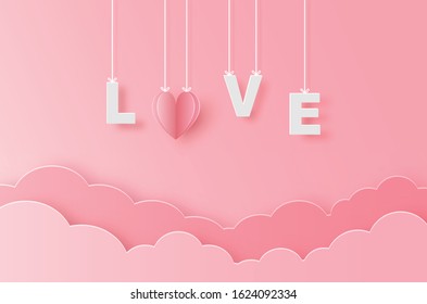 illustration of love and valentine day, paper heart and text love holding by sling on pink sky. For valentine's day, birthday, invitation, greeting card, posters and wallpaper. Vector illustration.