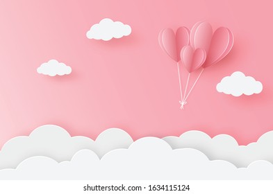 illustration of love and valentine day. paper heart balloon flying on the pink sky. For valentine's day, birthday, invitation, greeting card, posters and wallpaper. Vector illustration.