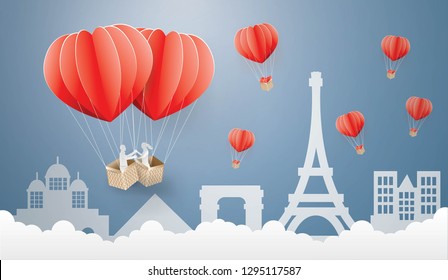 Illustration of love and Valentine Day 's card design template Concept Couple in red balloon on the sky coming to France in spring season,paper craft style vector