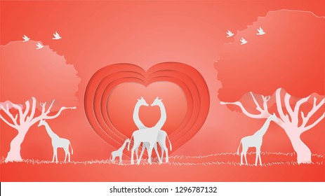 Illustration of love and Valentine Day 's card design template  Giraffes show the Love on the red grass with heart background,paper craft style vector