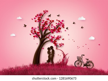 illustration  of love and valentine day two enamored under a love tree,paper 3d from digital craft.