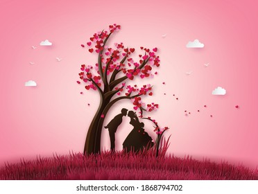 illustration  of love and valentine day two enamored under a love tree,paper 3d from digital craft.