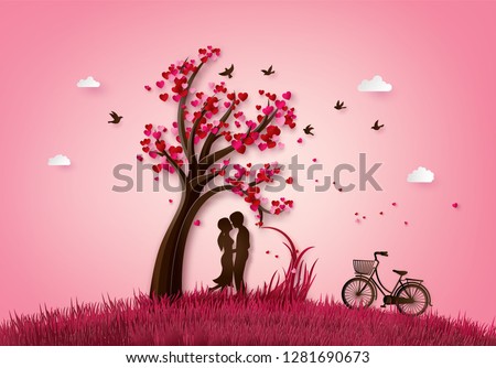 illustration  of love and valentine day two enamored under a love tree,paper 3d from digital craft.