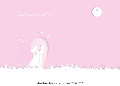 Illustration of love and valentine day, Wedding photo , heart float on the sky ,Pink background , paper art and digital craft style , and space for your messages .vector