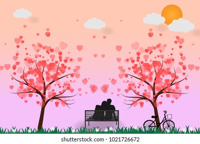 Illustration of Love and Valentine day,Couple sitting on bench under tree,vector art and illustration.