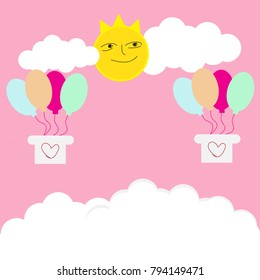 Illustration of love and Valentine day,Happy Valentine's Day with gradient red background, sun, clouds, heart shapes,