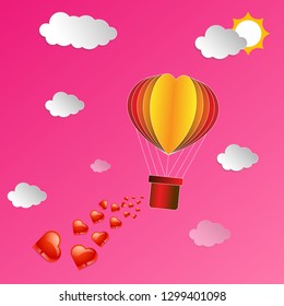 illustration of love and valentine day,hot air balloon flying over with heart float on the sky - Images vectorielles