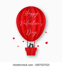 illustration of love and valentine day,Origami made hot air balloon flying over grass with heart float on the sky.paper art style.