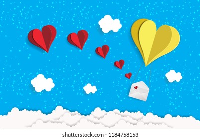 illustration of love and valentine day,Origami made yellow heart balloon Attached to the envelope flying on the sky with red heart float on the sky.paper art and digital craft style.