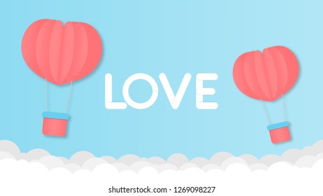 illustration of love and valentine day,Origami made hot air balloon flying over the cloud float on the sky.paper art and digital craft style