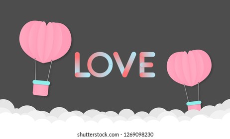 illustration of love and valentine day,Origami made hot air balloon flying over the cloud float on the sky.paper art and digital craft style